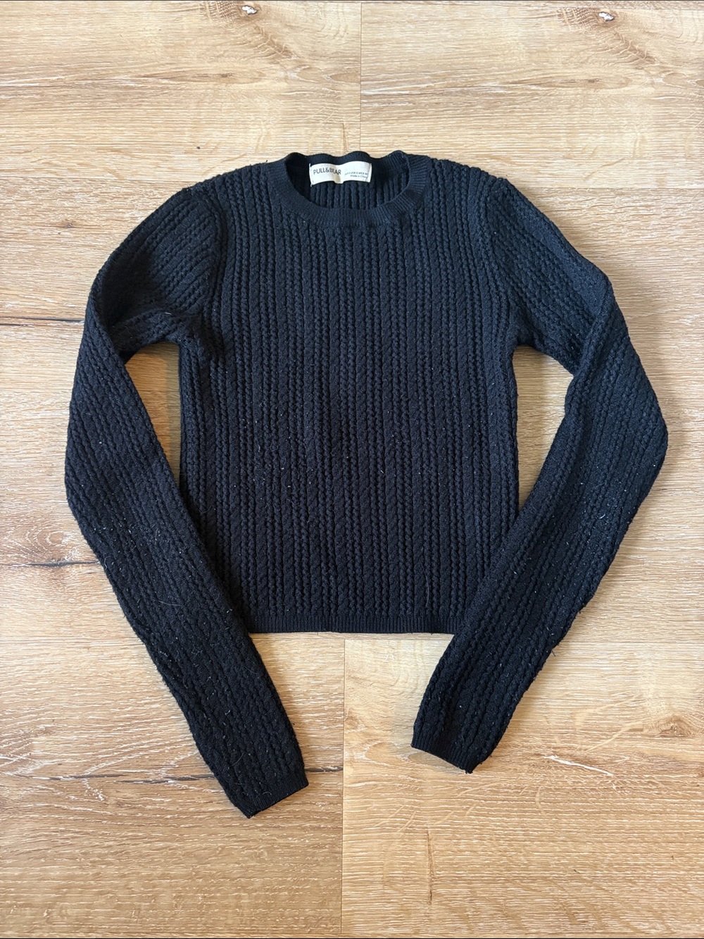 Pull&Bear Black Cable Knit Black Crewneck Sweater